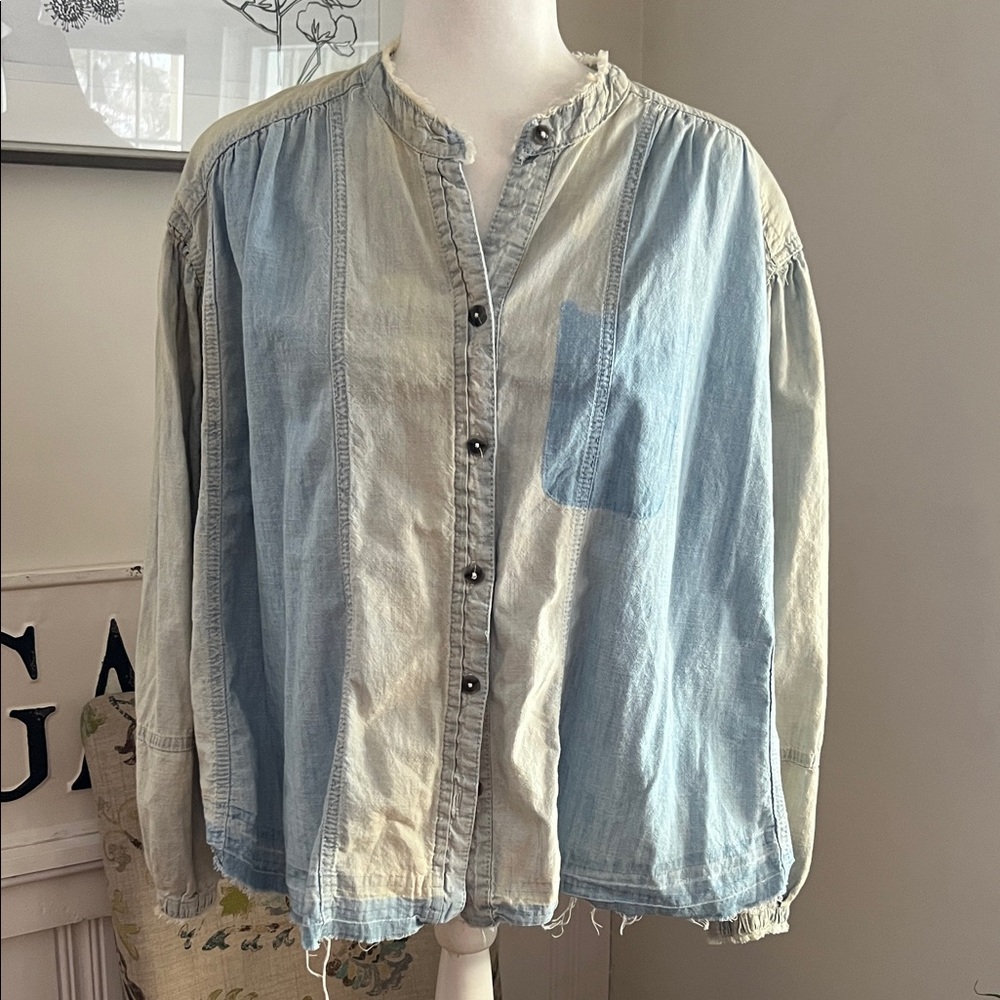 We the Free Bleached Denim Shirt Frayed Hems